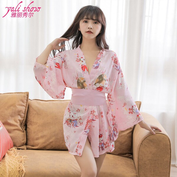 Womens sexy chiffon kimono lingerie set - japanese sakura costume outfit for role play, featuring delicate floral patterns an...