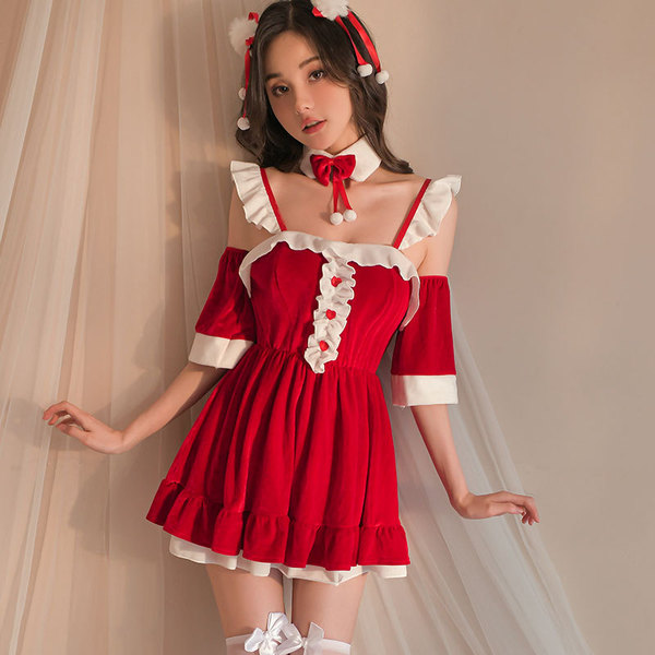 Womens sexy christmas lingerie set - halloween sleep dress, featuring a festive red design with white accents, perfect for ro...