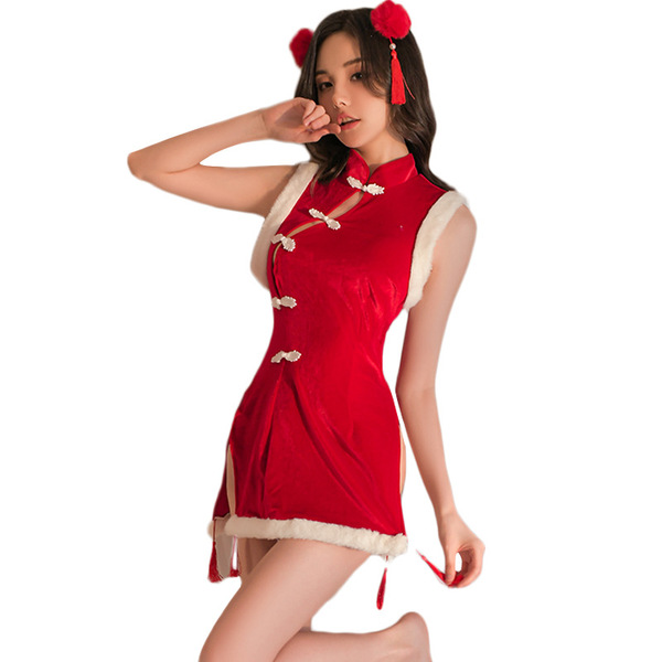 Womens sexy christmas lingerie set - halloween sleep dress, featuring a festive red design with tassels and fur trim, perfect...