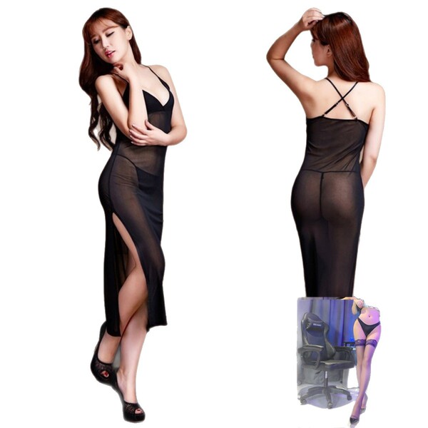 Sexy lace backless mesh nightgown set featuring sheer fabric with thigh-high slit, perfect for seductive sleepwear and intima...