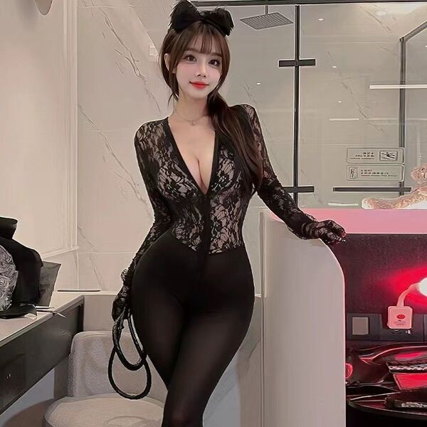 Womens sexy black lace bodysuit with dual zippers, open-crotch design, and sheer tight-fit silhouette — plus size one-piece l...