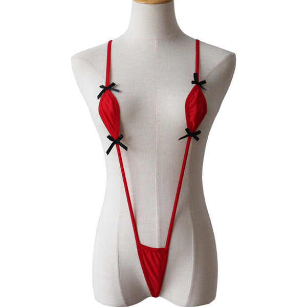 Womens sexy lace bodysuit - ice silk sleepwear set, featuring red cups with black bows, perfect for comfort & style.