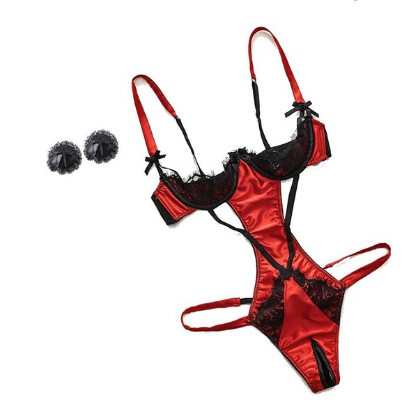 Red and black lace bodysuit with open crotch, sheer bust, and matching garter straps for plus size sleepwear.