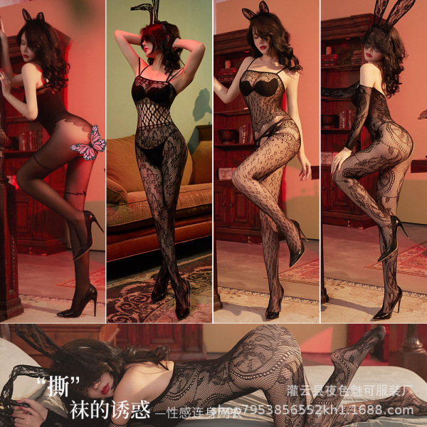 Womens sexy lace mesh bodysuit with open-crotch design, elegant european-style sheer tights set featuring bunny ears and high...