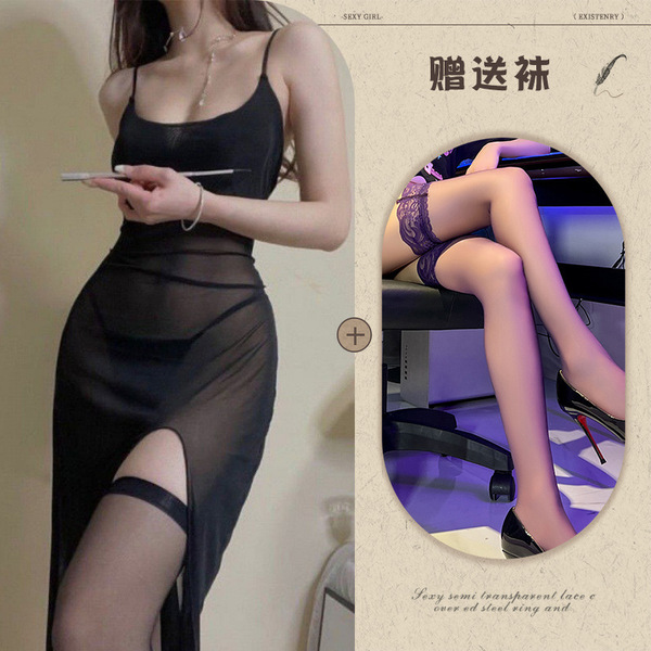 Sexy lace mesh nightgown with sheer design, side slit, comfortable and alluring sleepwear.
