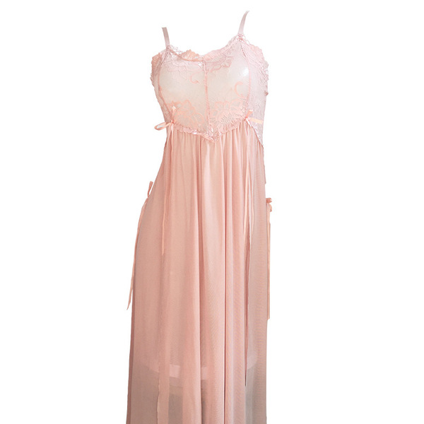 Womens sexy lace mesh sleep dress with open chest & high slit – elegant sheer slip gown