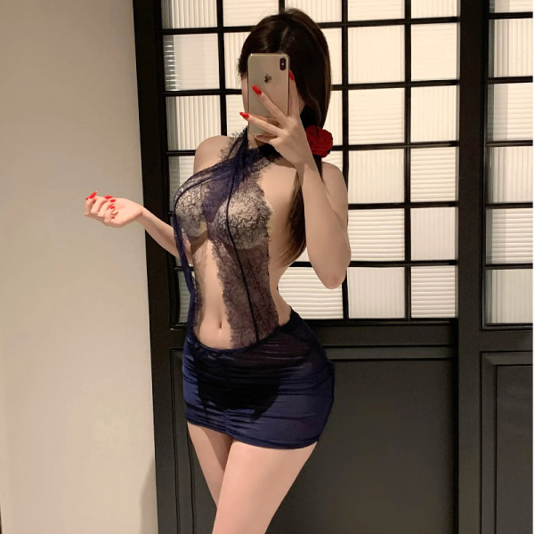 Woman wearing a sexy lace secretary costume set with a tight wrap dress, halter neck, and sheer mesh skirt.