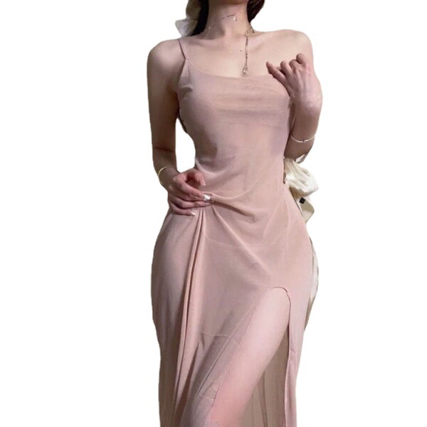Womens sexy lace sheer nightgown - transparent mesh sleep dress with high-slit design for romantic nights