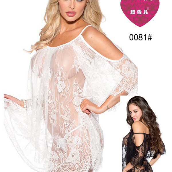 Womens sexy lace sheer nightgown - elegant transparent mesh sleep dress for adults