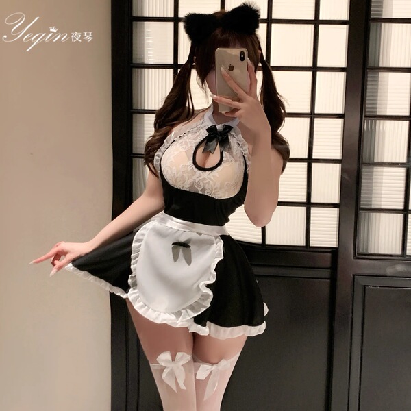 Sexy maid costume with black and white outfit, perfect for role play and sleepwear, featuring easy-on design and plus size op...