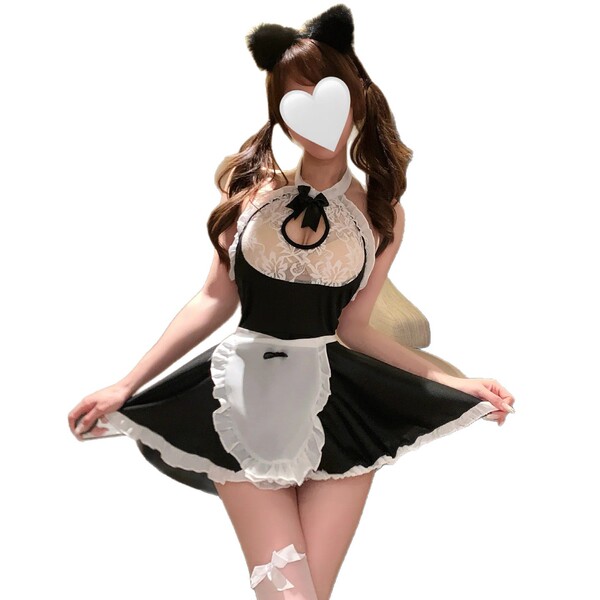 Sexy maid costume with black and white dress, fluffy ears, and heart-shaped face mask. perfect for role play or sleepwear. pl...