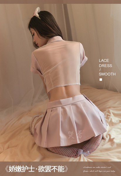 Womens sexy nurse costume set - sweet sheer crop top & pleated skirt uniform outfit for role play & cosplay