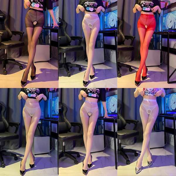 Womens sheer mesh open-crotch bodystocking in black, white, red, and silver—sexy lingerie for intimate moments.