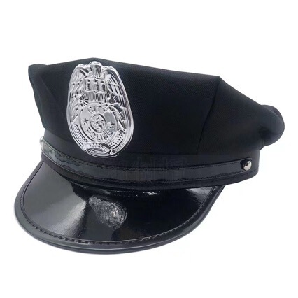 Black police-style cap with shiny badge for womens sexy officer costume role play lingerie outfit.