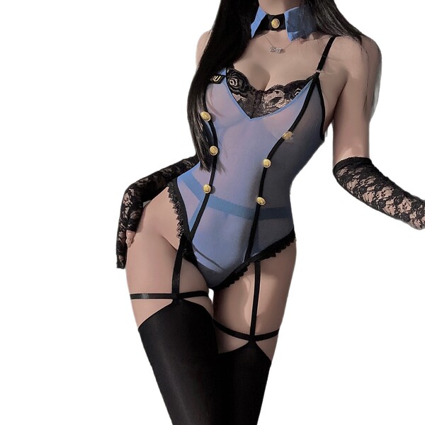 Womens sexy police uniform costume featuring a sheer bodysuit with gold buttons, lace details, and matching garter belt for p...