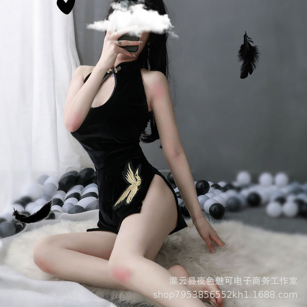 Womens sexy qipao lingerie set - seductive high-slit nightwear with lace cutouts, elegant & alluring