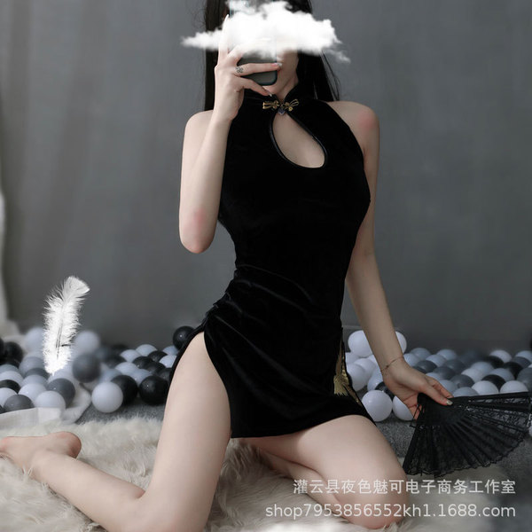 Womens sexy qipao lingerie set - seductive high-slit nightwear with lace cutouts, elegant & alluring