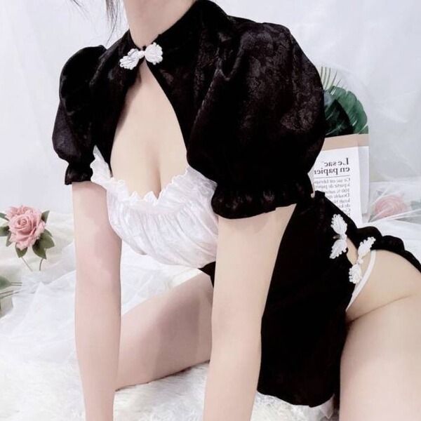 Womens sexy qipao lingerie featuring side-slit design, open-crotch style with floral embroidery, elegant black and white colo...