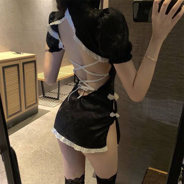 Womens sexy qipao lingerie - side-slit open-crotch floral embroidered chinese-inspired costume, featuring black fabric with w...