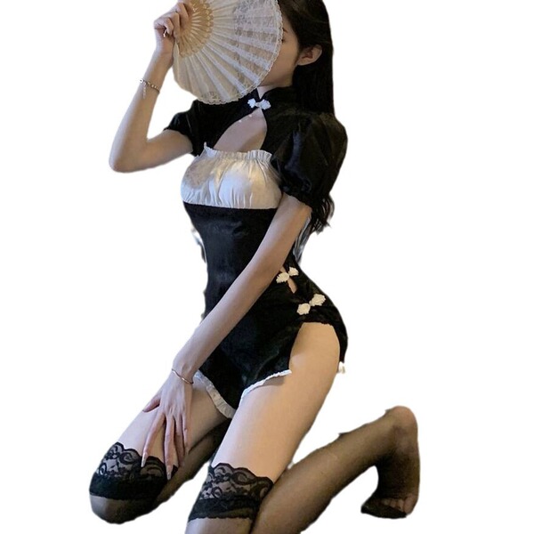 Womens sexy qipao lingerie featuring side-slit design, open-crotch style with floral embroidery, elegant black and white colo...
