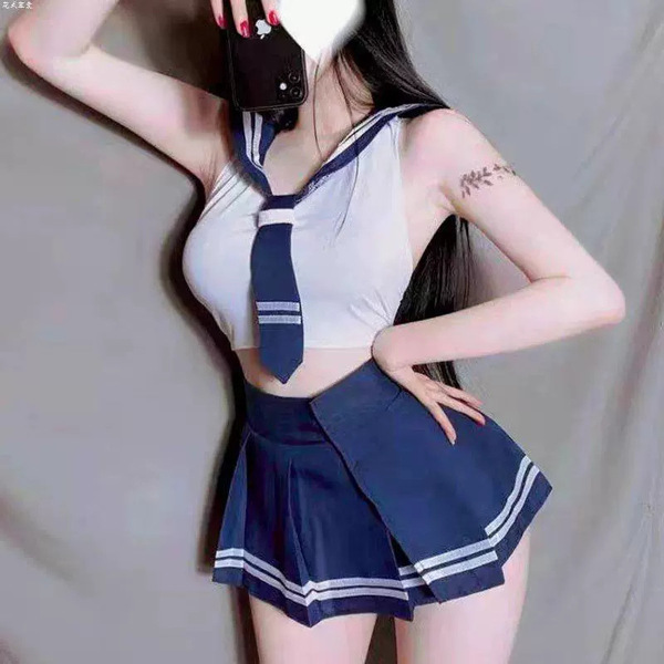 Womens sexy role play student outfit - jk uniform set with sheer stockings & open-crotch design for easy wear