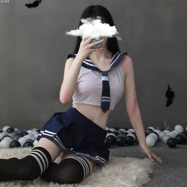 Sexy womens role play student outfit featuring a sheer top, sailor skirt, and stockings, perfect for easy wear with an open-c...