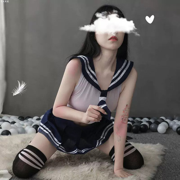 Sexy womens role play student outfit featuring a sailor-style uniform with sheer stockings and an open-crotch design for easy...