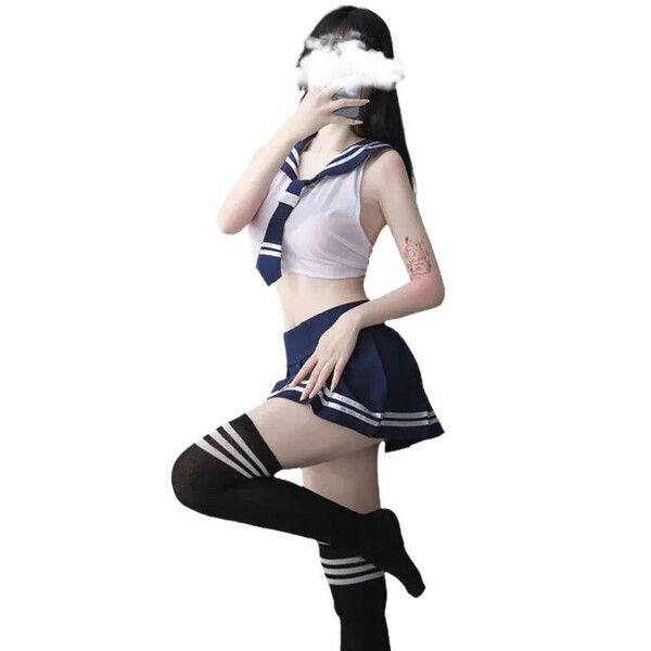 Sexy womens role play student outfit featuring a sheer top, navy skirt, and thigh-high stockings with open-crotch design for ...