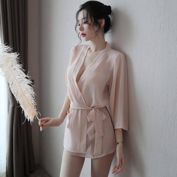 Womens sexy sheer lace sleepwear set featuring a transparent satin sleep robe and matching nightgown, styled like a boyfriend...