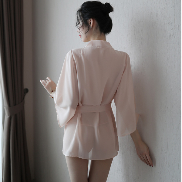 Womens sexy sheer lace sleepwear set featuring a transparent satin sleep robe and matching nightgown, styled like a boyfriend...