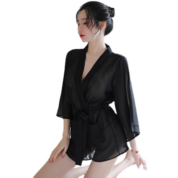 Womens sexy sheer lace sleepwear set featuring transparent satin sleep robe and matching nightgown, designed with boyfriend s...