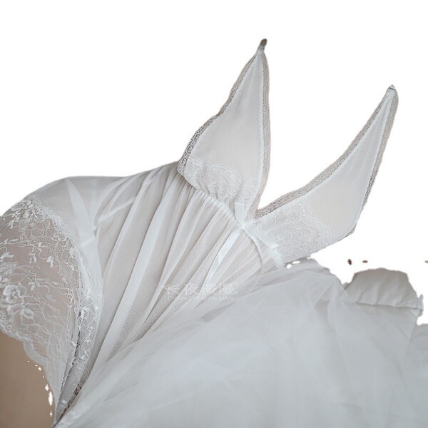 White sheer lingerie set with lace trim and bunny ears, perfect for romantic nights.