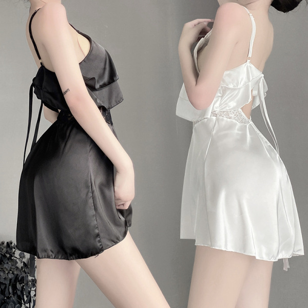 Two women modeling black and white ruffled cami lingerie sets with adjustable straps, showcasing the sheer chiffon fabric.