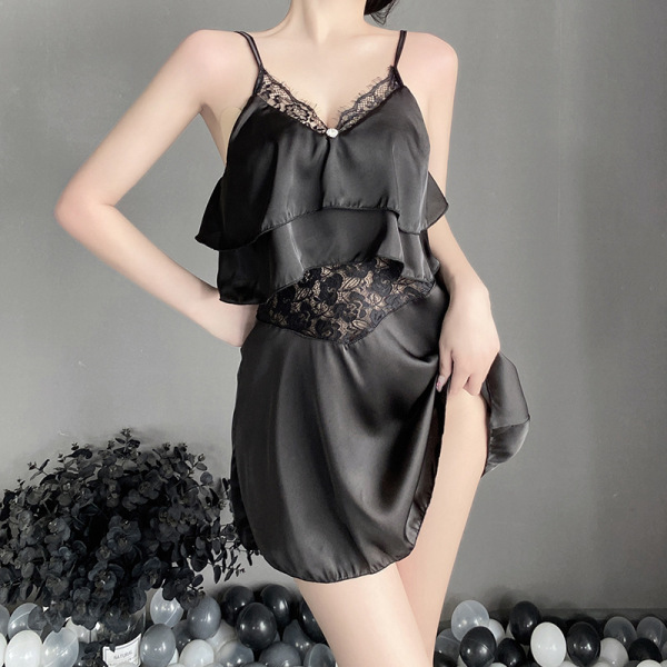 New womens sheer chiffon lingerie set - sweet ruffled cami sleepwear with adjustable straps in black