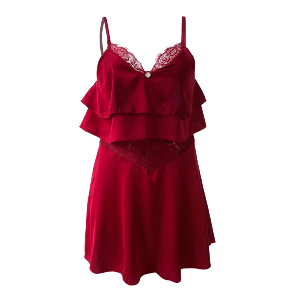 Red sheer chiffon lingerie set with sweet ruffled cami, adjustable straps, and lace trim. perfect for elegant sleepwear.