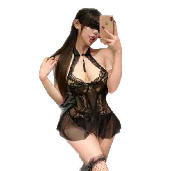 Woman wearing black sheer lace bodysuit with open-crotch design, taking a selfie. perfect for small busts, this tight-fit mes...