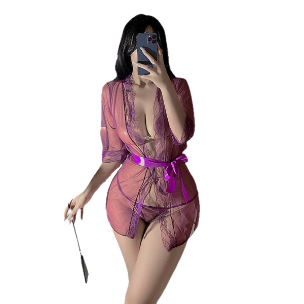 Sheer purple lace sleepwear set with matching belt, featuring a short skirt and transparent design for women.