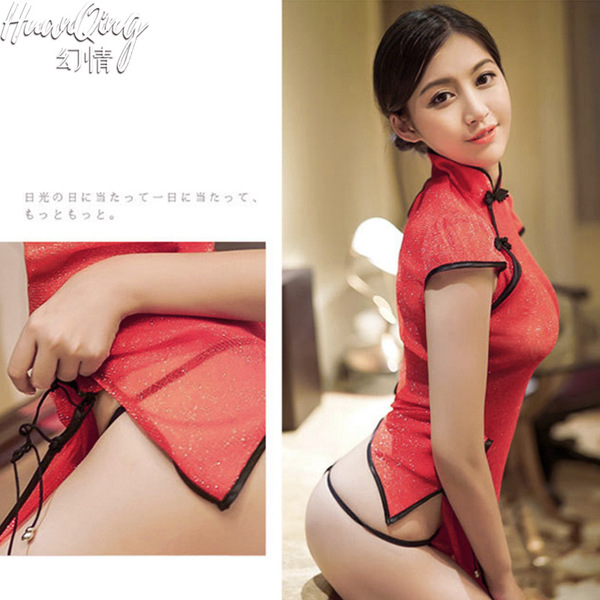 Womens shiny silver thread sheer cheongsam lingerie set - sexy slit mesh costume outfit for date night
