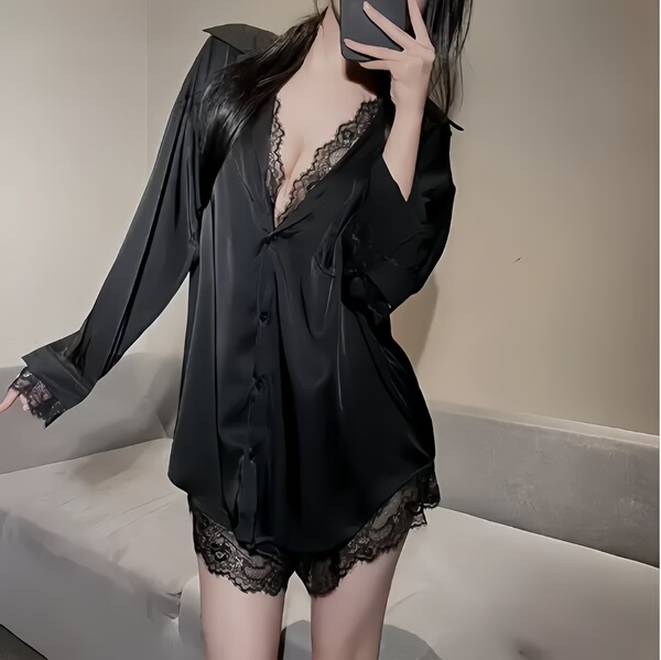 Womens spring summer ice silk sleepwear set featuring lace trim, elegant white shirt dress with matching shorts, perfect pure...