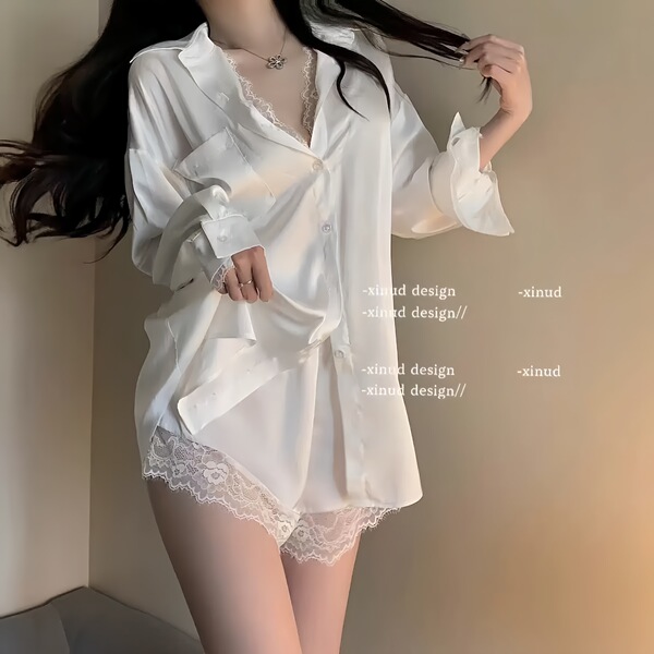 Womens spring summer ice silk sleepwear set featuring lace trim white shirt dress and shorts, pure and alluring loungewear.