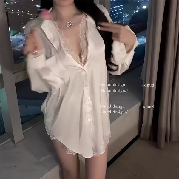 Womens spring summer ice silk sleepwear set featuring lace trim white shirt dress and shorts, pure and alluring loungewear.