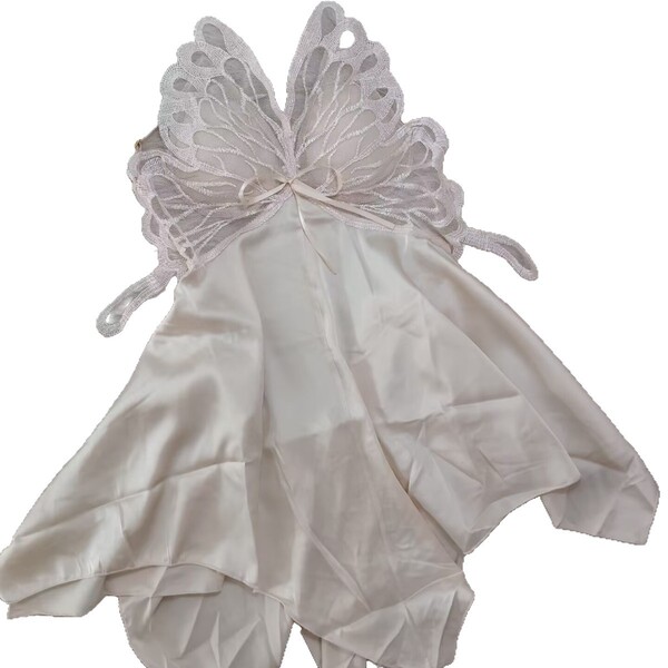White ice silk sleep dress with bow and backless cutout, perfect for summer lounging.