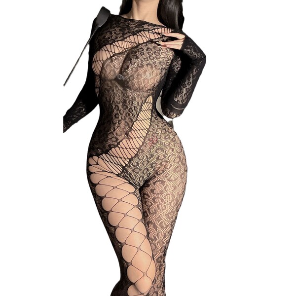 Wuli rabbit sheer leopard bodysuit with irregular mesh, backless lace-up design, and sensual fit.