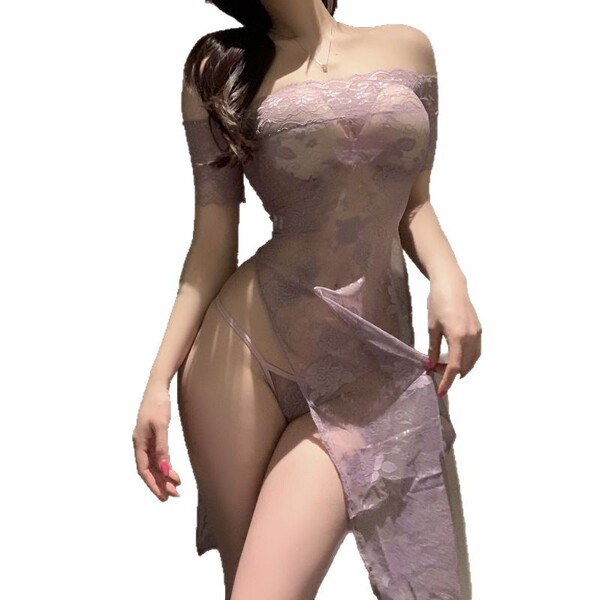 Woman wearing lavender lace wuyan diao qipao lingerie set with open-crotch design, sheer fabric, and elegant floral pattern.