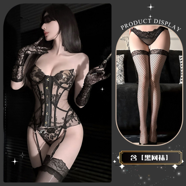 JinXiao Embroidered Lingerie Set – Pure-Yet-Sensual Shapewear with Ties, Elegant Temptation for Women - Slim and supple body + black fishnet stockings