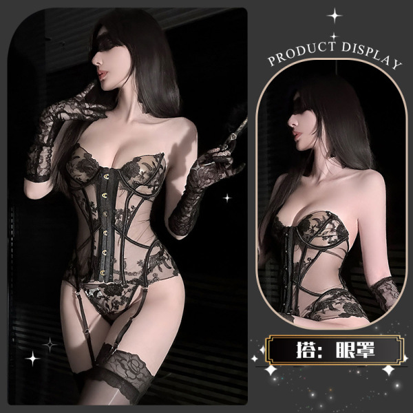 JinXiao Embroidered Lingerie Set – Pure-Yet-Sensual Shapewear with Ties, Elegant Temptation for Women - Slim and supple bones~ + eye mask