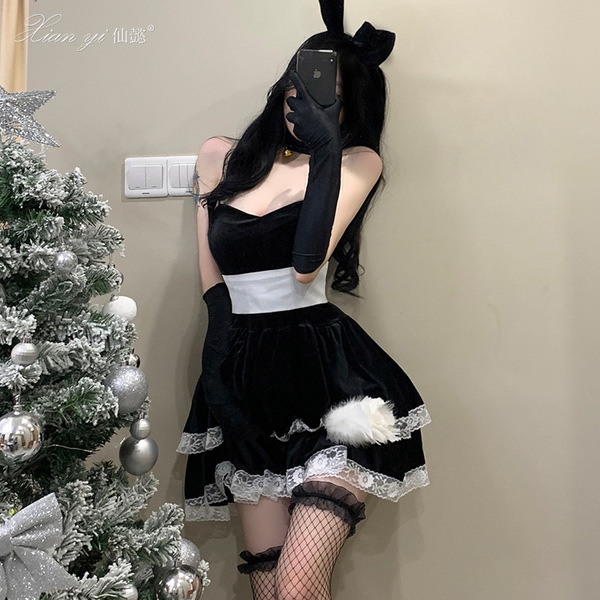 Sexy christmas cosplay outfit for women, holiday party dress with ears & tail, bunny costume set, elegant velvet design