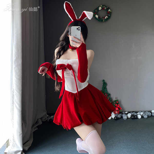 Sexy mesh bodysuit dress for nightclub & new year cosplay, featuring a festive bunny design with red accents and playful bunn...
