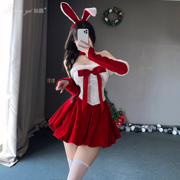 Sexy mesh bodysuit dress for nightclub & new year cosplay, featuring a festive red bunny costume with white accents and long ...