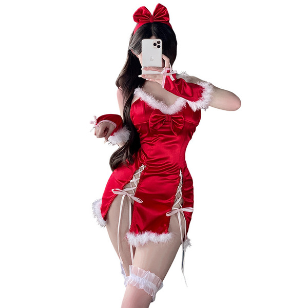 Red christmas-themed lingerie set featuring a sexy open-crotch design, perfect for festive occasions and sensual nightwear.